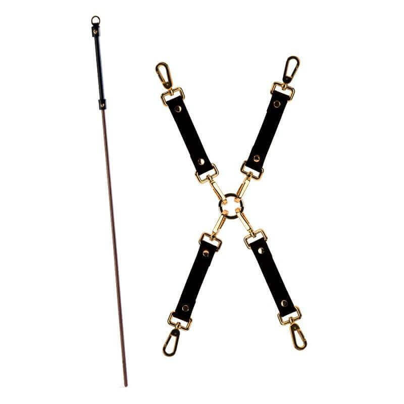 UPKO Luxury BDSM 15-piece kit featuring a stylish black leather restraint with gold accents and an elegant riding crop.