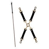 UPKO Luxury BDSM 15-piece kit featuring a stylish black leather restraint with gold accents and an elegant riding crop.