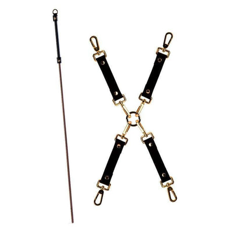 UPKO Luxury BDSM 15-piece kit featuring a stylish black leather restraint with gold accents and an elegant riding crop.