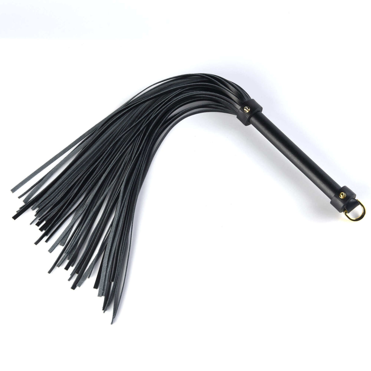 High-quality black leather flogger BDSM toy with a sturdy handle and multiple tails for versatile play.