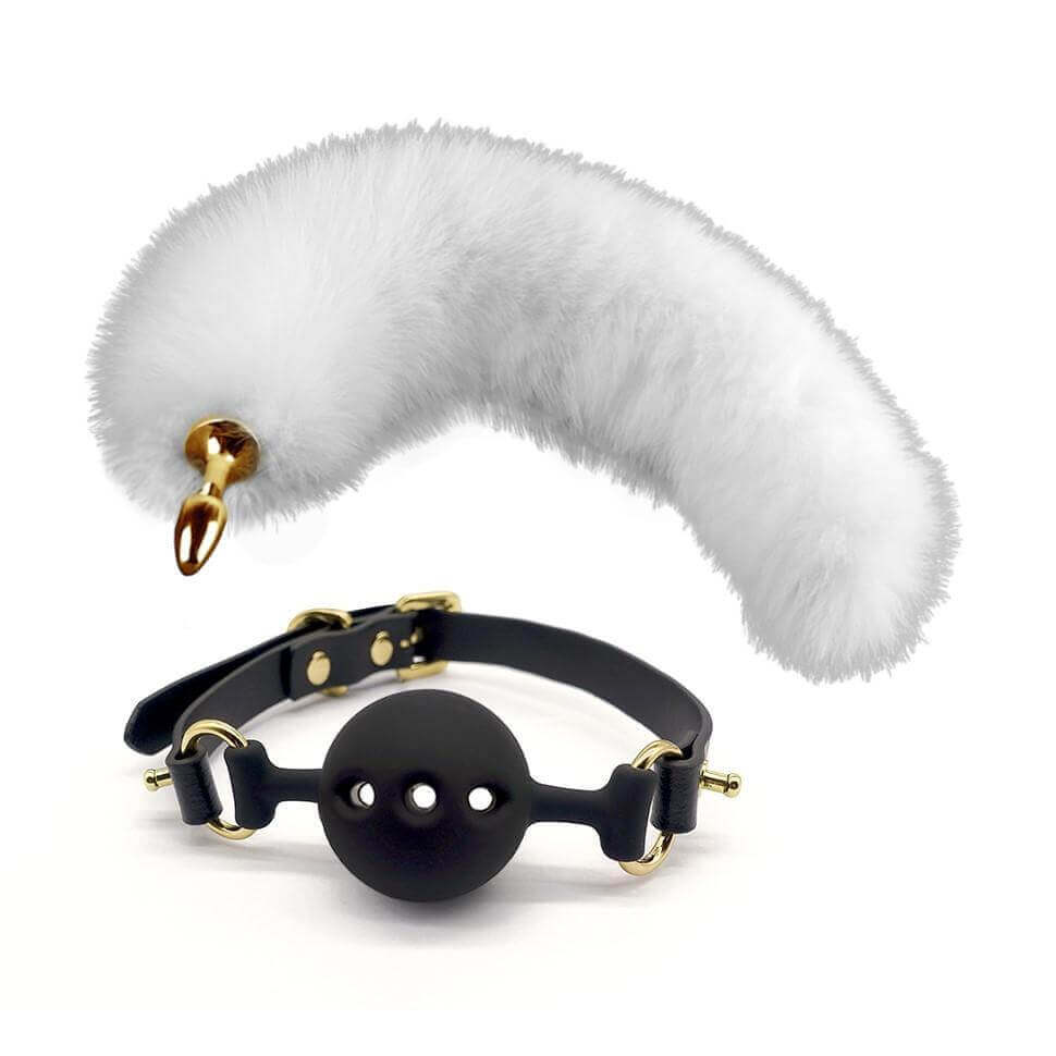 High-quality BDSM play accessories including a fluffy tickler and leather ball gag for enhanced sensory experiences.