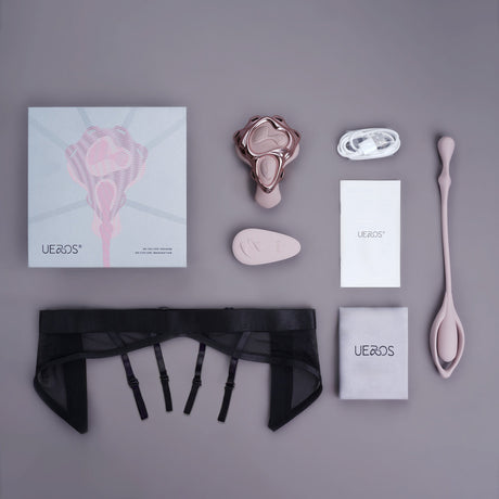 Wearable Panty Vibrator with Egg Vibe by Ueros and accessories displayed on a grey background.