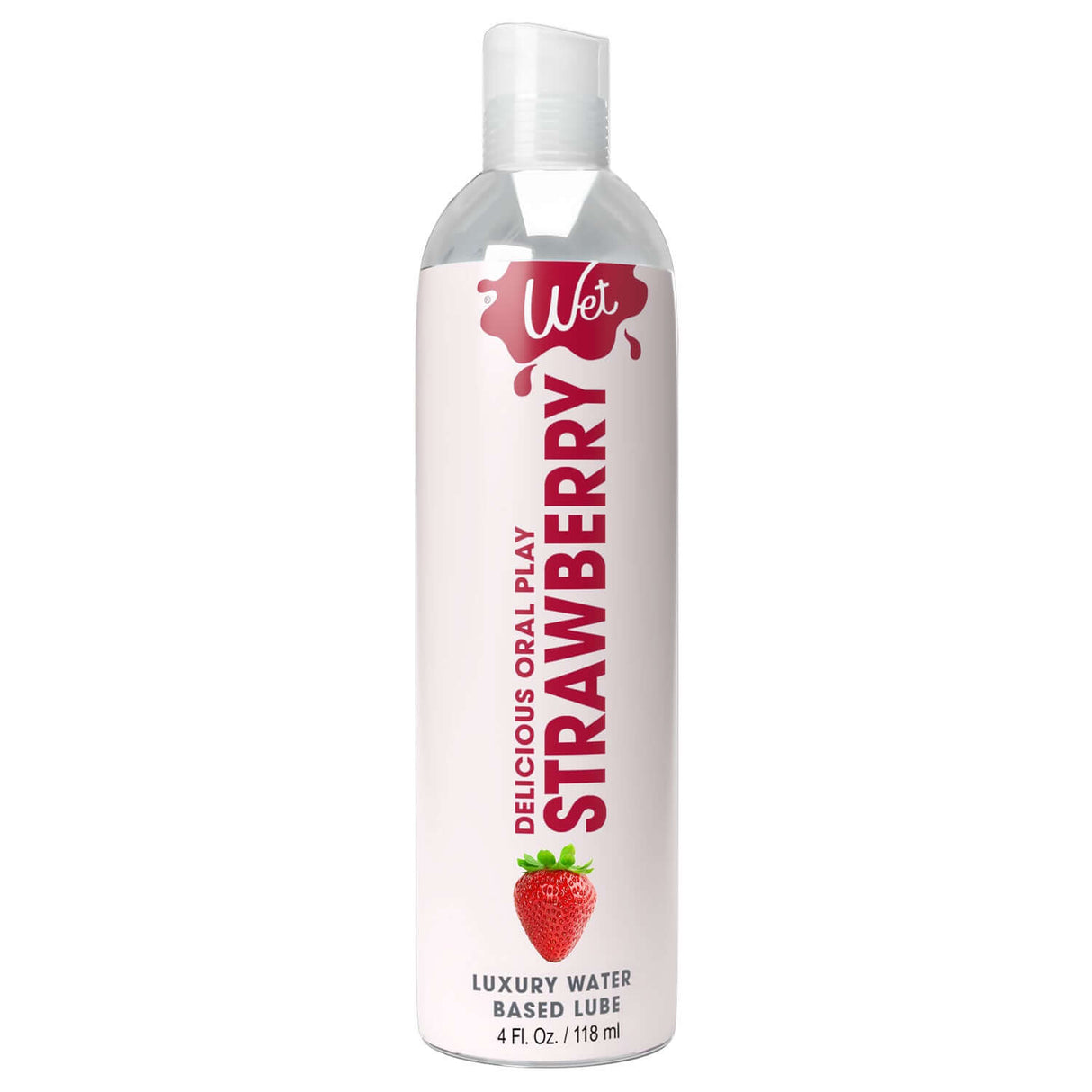 Wet Delicious Oral Play Strawberry Waterbased Lubricant 4 Oz bottle with strawberry design for intimate enjoyment.