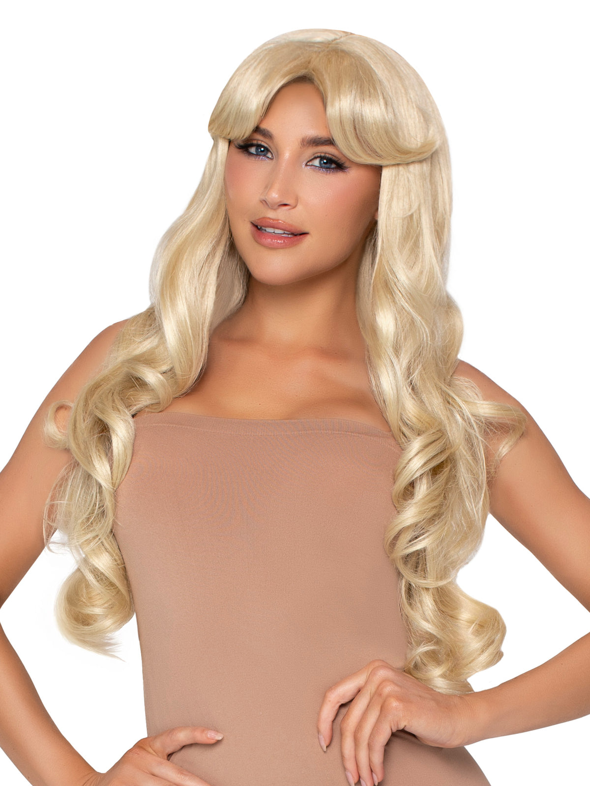 Leg Avenue 25 Inch Curtain Bang Wavy Wig Blonde styled on a model with long blonde waves and curtain bangs.