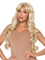 Leg Avenue 25 Inch Curtain Bang Wavy Wig Blonde styled on a model with long blonde waves and curtain bangs.