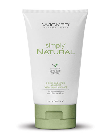 Wicked Sensual Care Simply Natural Lubricant 4 Oz in a sleek tube featuring olive leaf extract for a smooth glide.