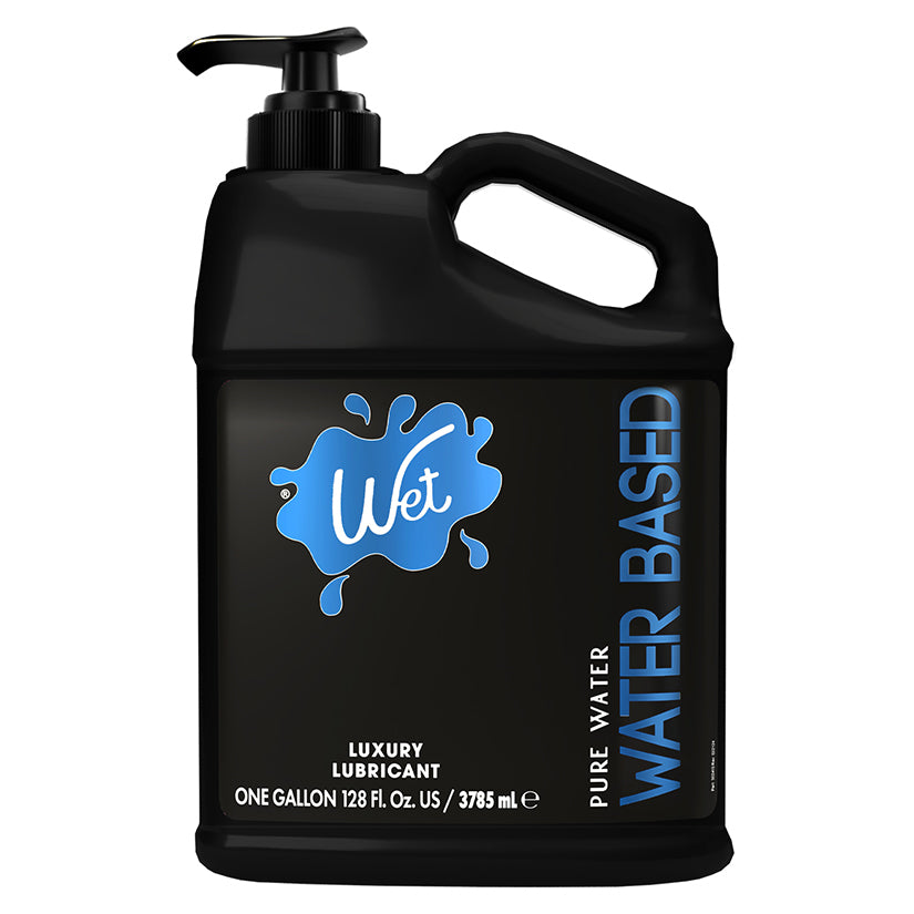Wet Original Water Based Gel Lubricant 1 Gallon in a sleek black container with pump for easy dispensing.