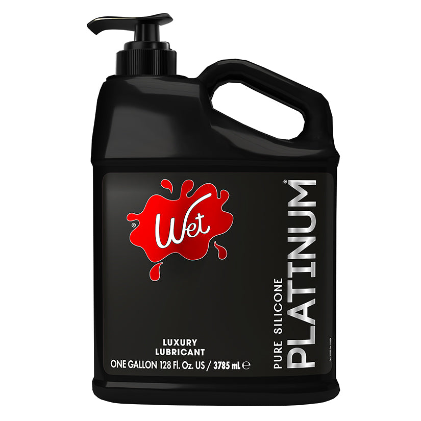 Wet Platinum Luxury Silicone Lubricant 1 Gallon bottle with pump, designed for premium glide and comfort.