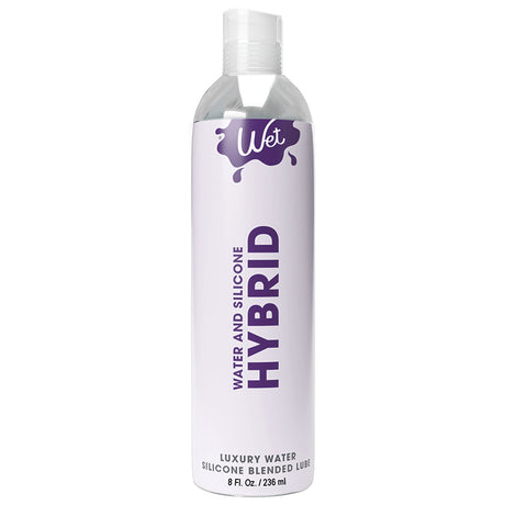 Wet Water & Silicone Hybrid Luxury Lubricant 8 Oz bottle with purple and white design, perfect for silky smoothness.