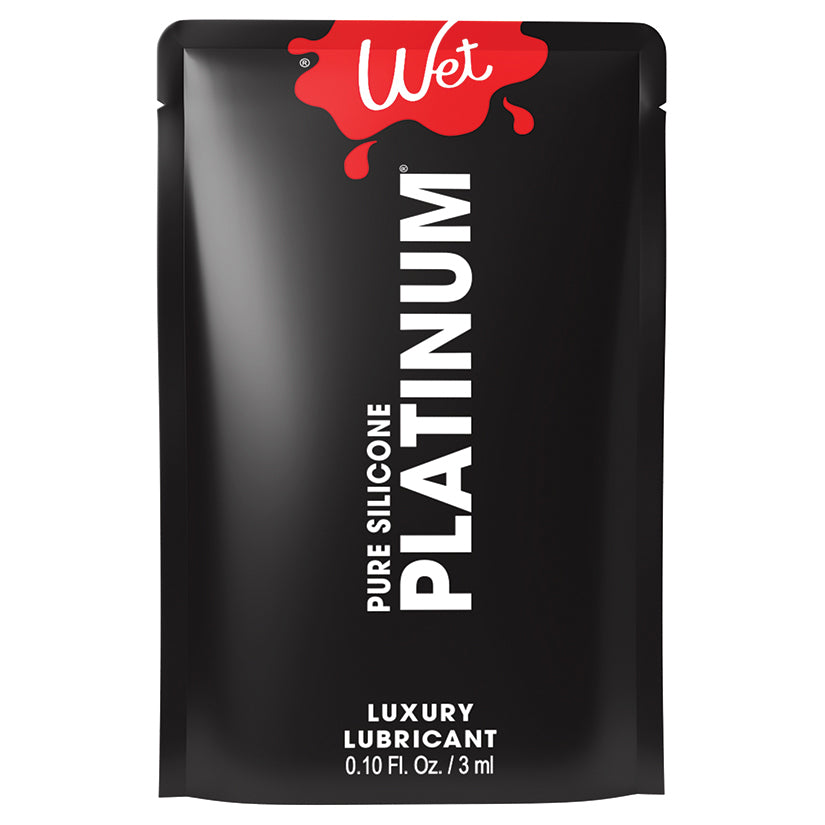 Wet Platinum Luxury Silicone Based Lubricant 0.1 Oz packaging showcasing premium silicone formula for long-lasting glide.