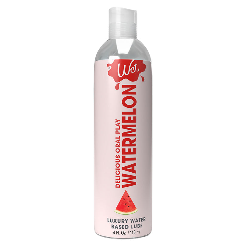 Wet Delicious Oral Play Watermelon Waterbased Lubricant 4 Oz bottle with watermelon flavor for intimate use.