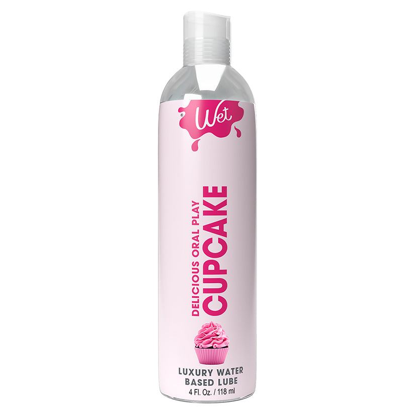 Wet Delicious Oral Play Cupcake Waterbased Lubricant 4 Oz bottle with pink cupcake design.