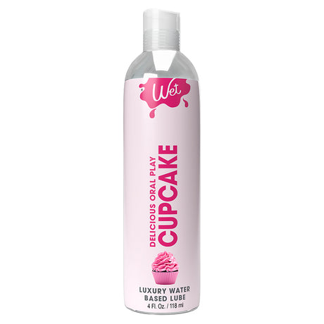 Wet Delicious Oral Play Cupcake Waterbased Lubricant 4 Oz bottle with pink cupcake design.