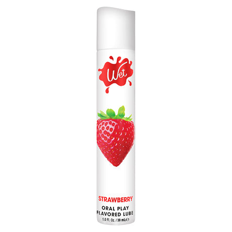 Wet Strawberry Oral Play Lubricant 1 Oz bottle featuring a vibrant strawberry design.