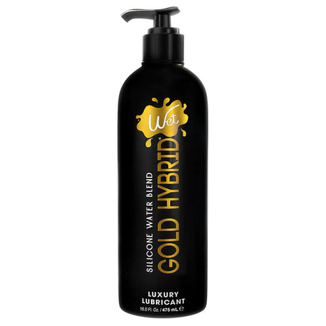 Wet Gold Hybrid Water Silicone Lubricant 16 Oz bottle with pump for luxury and smooth experiences.