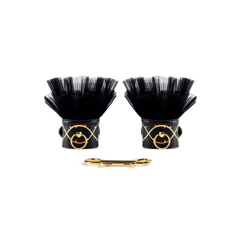 Luxurious black leather handcuffs adorned with gold detailing from the ZALO & UPKO Doll Designer Collection.