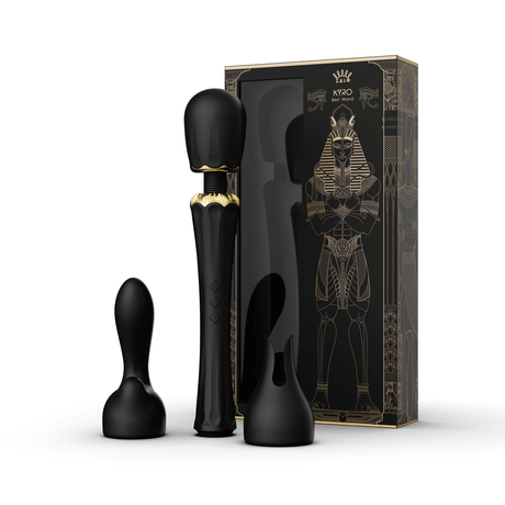 ZALO Kyro Wand Massager Obsidian Black with packaging, inspired by Egyptian pharaohs, featuring innovative Direct Power 2.0 technology