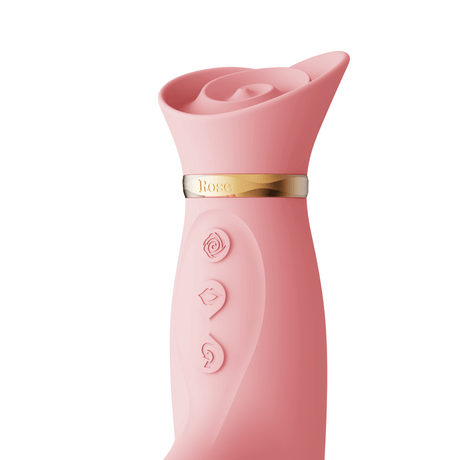 ZALO Rose Rabbit Thruster Strawberry Pink stimulator with soft round head and control buttons on handle.