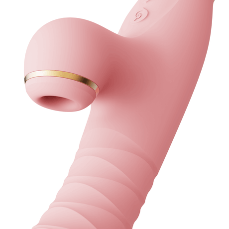ZALO Rose Rabbit Thruster in Strawberry Pink with suction for clitoral stimulation and realistic penetrating motion in soft round head design.