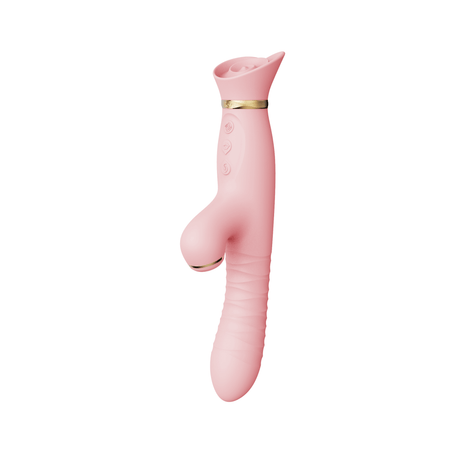 ZALO Rose Rabbit Thruster Strawberry Pink stimulator with realistic penetrating motion and clitoral suction for enhanced sensual pleasure.