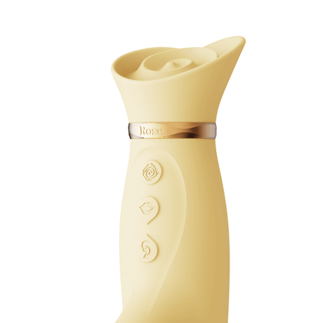 ZALO Rose Rabbit Thruster Lemon Yellow with soft round head and control buttons, part of the powerful ROSE series of stimulators.