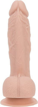 Addiction 100% Silicone Mark 7.5 inches beige realistic dildo with veiny texture and suction cup base.
