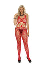 Heart Net Bodystocking With Open Crotch Red Queen Size worn by a model, featuring a delicate heart-patterned net design.