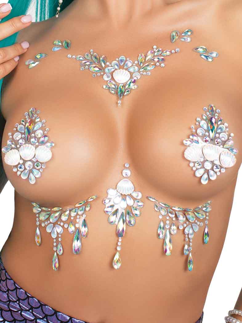 Leg Avenue Siren Adhesive Body Jewels Sticker Clear worn on skin, showcasing vibrant rhinestones and decorative gems.