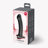 Fun Factory Magnum G-Spot Dildo Black packaging showcasing its ergonomic design for pleasure.