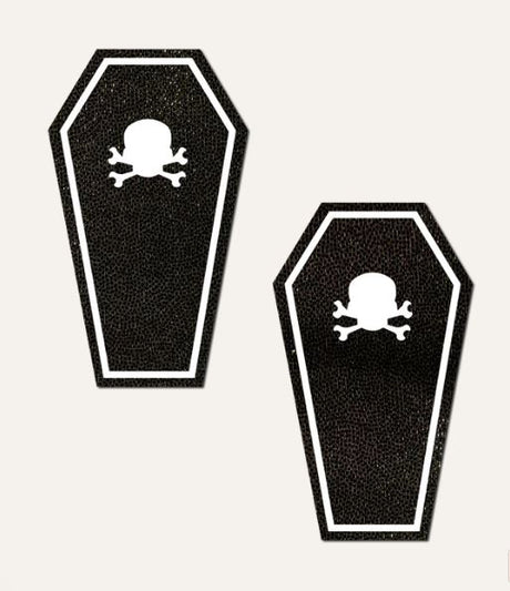 Pastease Coffin With Glow In The Dark Breast Pasties in black coffin design with skull and crossbones.