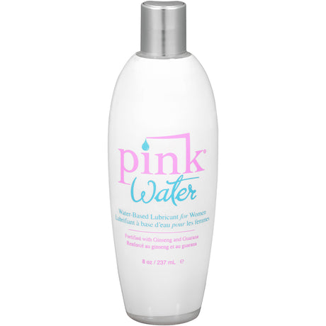 Pink Water Based Lubricant for Women 8 Oz Flip Top Bottle in a white container with a silver cap.