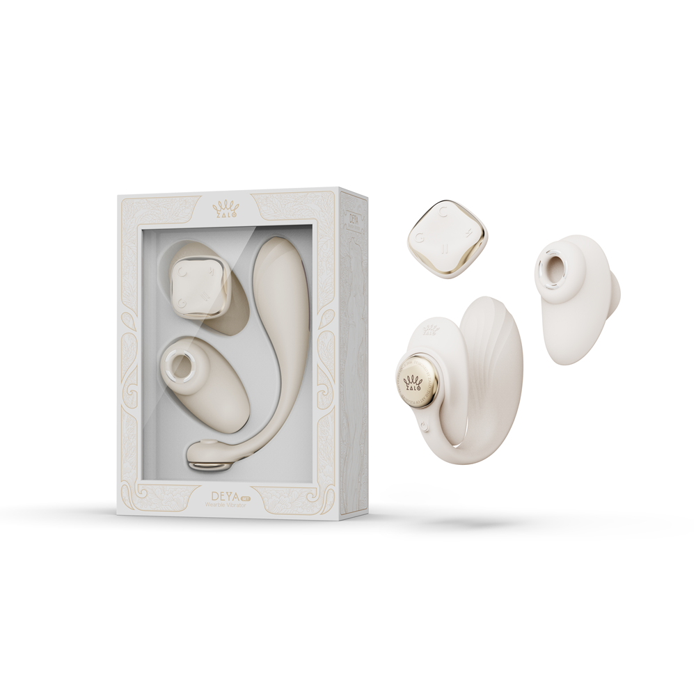 ZALO Deya Wearable Smart Dual Vibrator with App Control in elegant packaging with two components displayed.