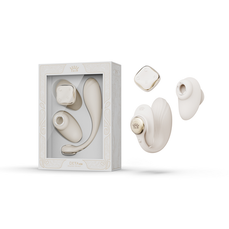ZALO Deya Wearable Smart Dual Vibrator with App Control in elegant packaging with two components displayed.