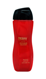 Trojan Arouses and Releases Lubricant 3 Fl Oz bottle with red packaging and black cap, ideal for enhancing intimacy.