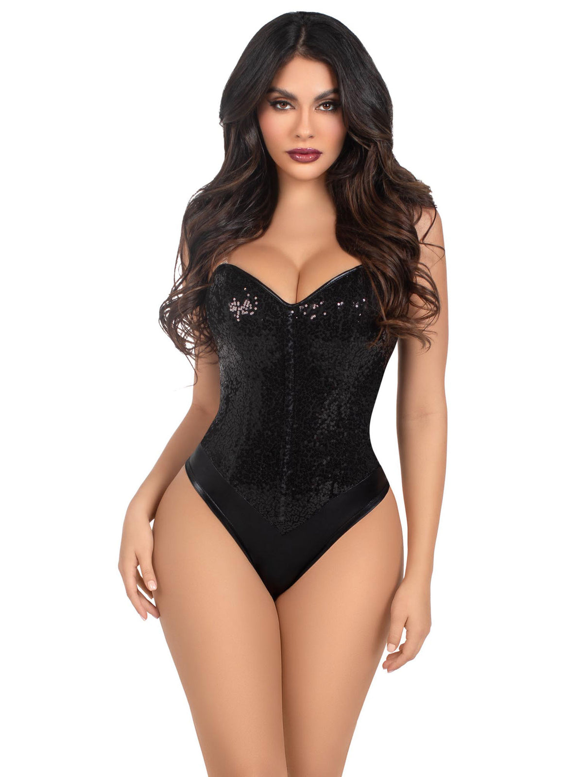 Leg Avenue Sequin Bodysuit Small Black featuring a glamorous black sequined design and sleek figure-hugging style.