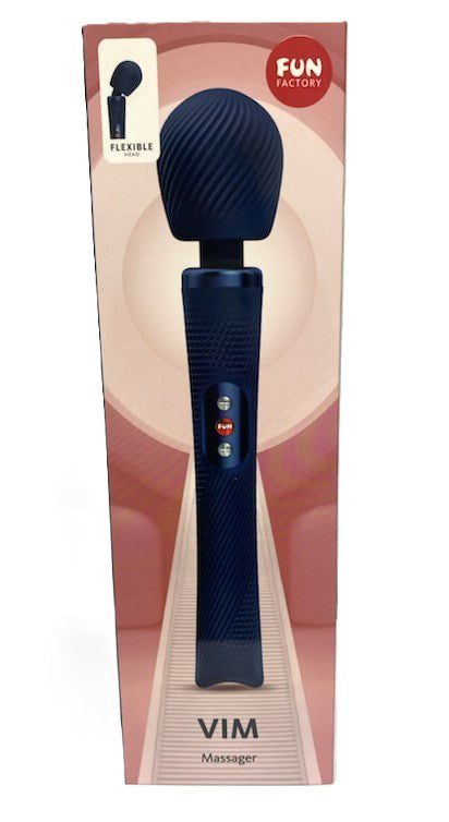 Fun Factory Vim Wand Massager Night Blue packaging with specifications and flexible design.