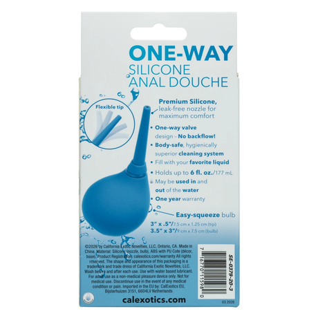 CalExotics One-Way Silicone Anal Douche Blue packaging featuring flexible tip and key product details.