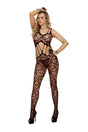 Elegant Moments Heart Net Open Crotch Bodystocking Black showcasing a heart-patterned netting design for a bold silhouette.