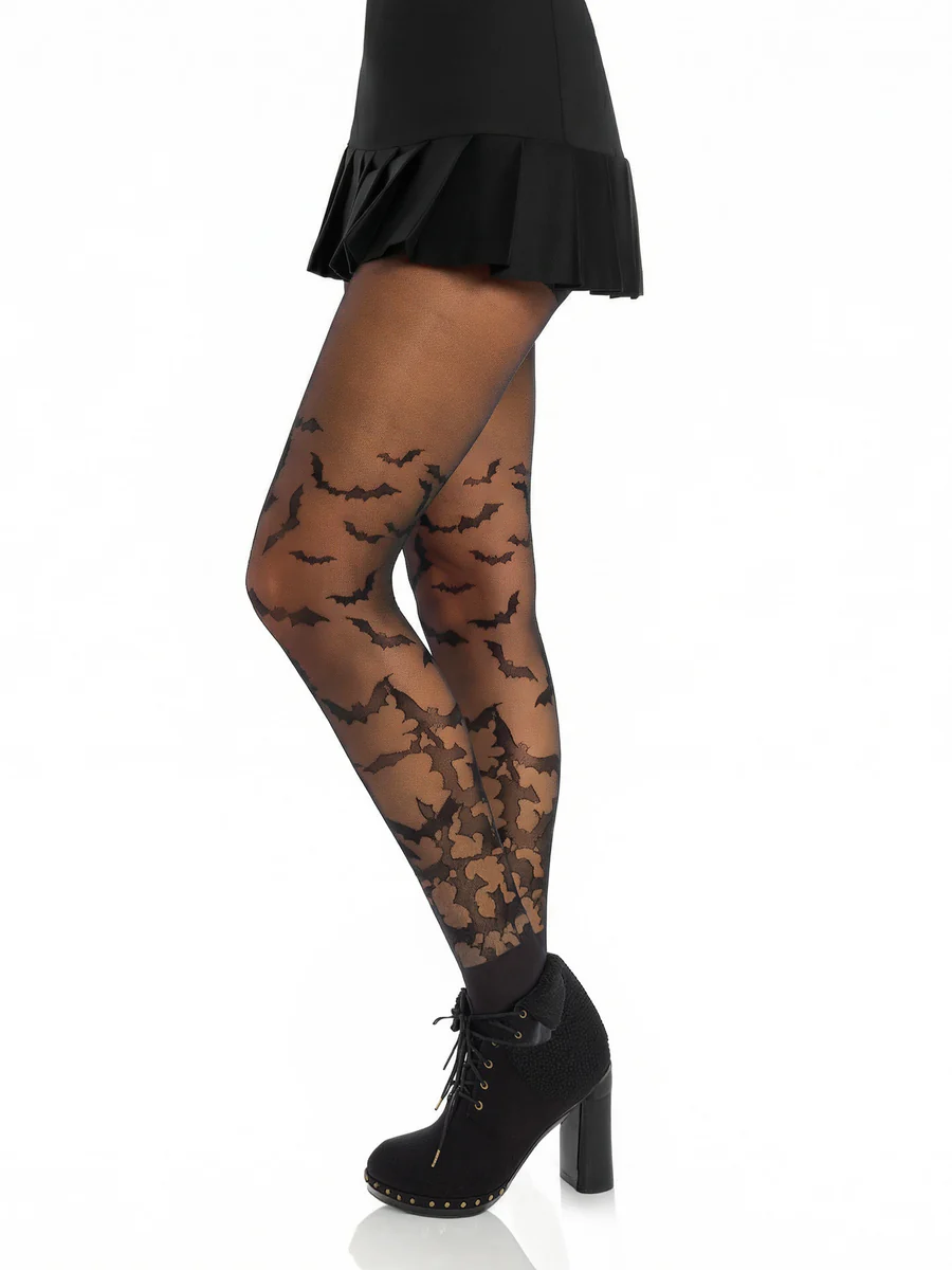 Leg Avenue Bat Wing Sheer Tights Black One Size on model, showcasing a bat motif for Halloween costumes.