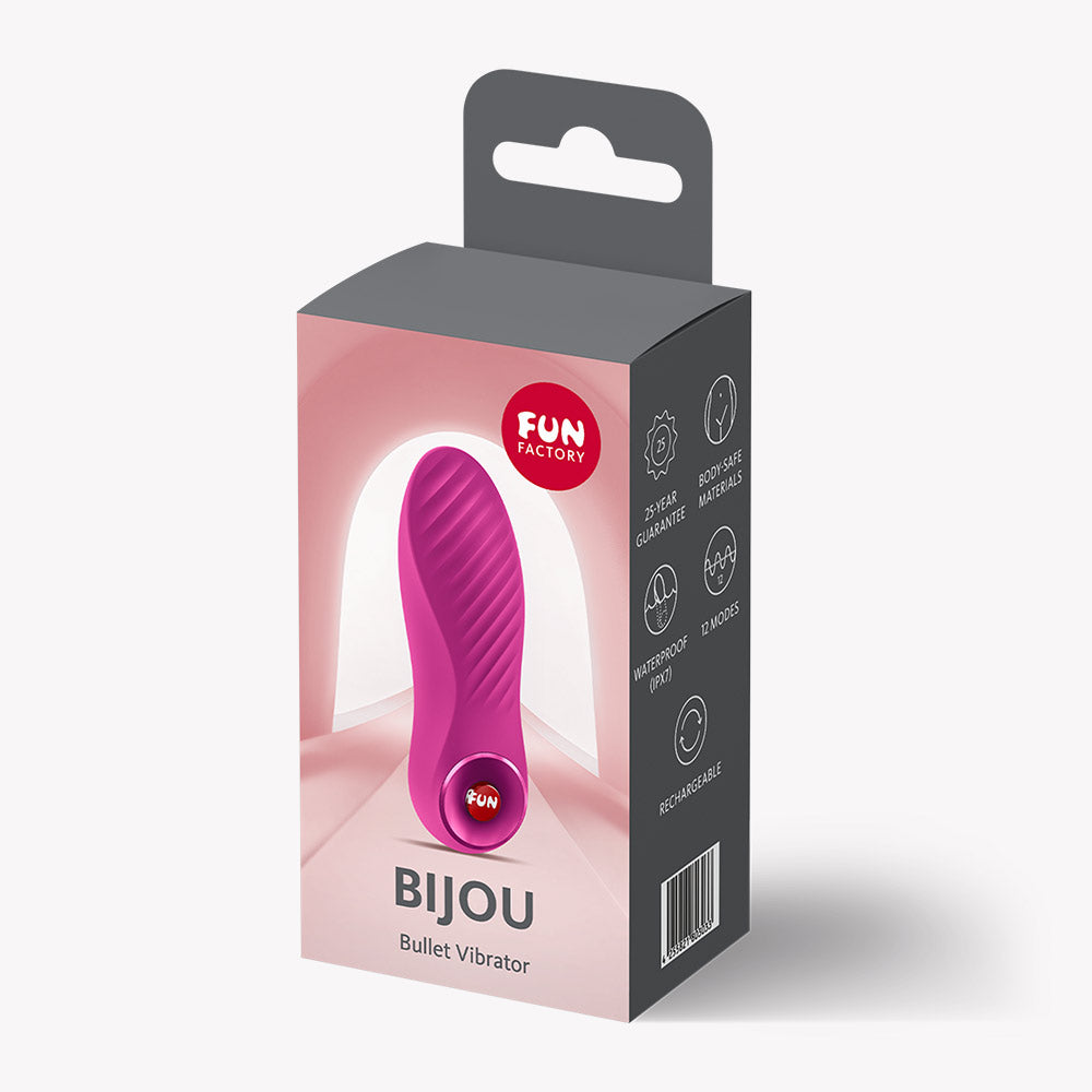Fun Factory Bijou Bullet Vibrator Magenta in packaging, showcasing its compact design and wavy texture.