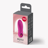 Fun Factory Bijou Bullet Vibrator Magenta in packaging, showcasing its compact design and wavy texture.