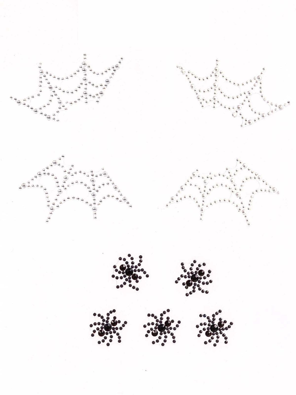 Leg Avenue Spider Web Face Jewels Sticker featuring silver spider web designs and black spider rhinestones.