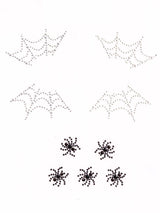 Leg Avenue Spider Web Face Jewels Sticker featuring silver spider web designs and black spider rhinestones.
