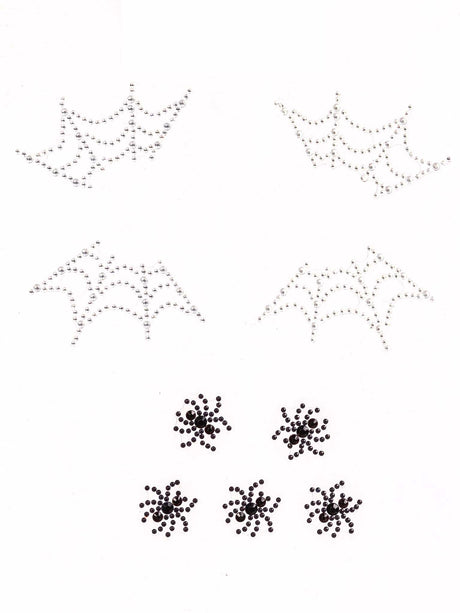 Leg Avenue Spider Web Face Jewels Sticker featuring silver spider web designs and black spider rhinestones.