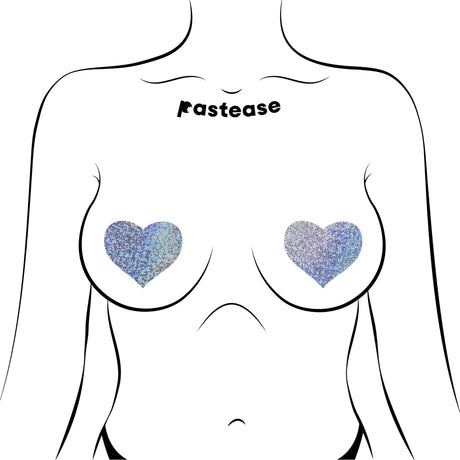 Pastease Hearts Silver Glitter Pasties shown on a minimalist body illustration with heart-shaped glitter covers.