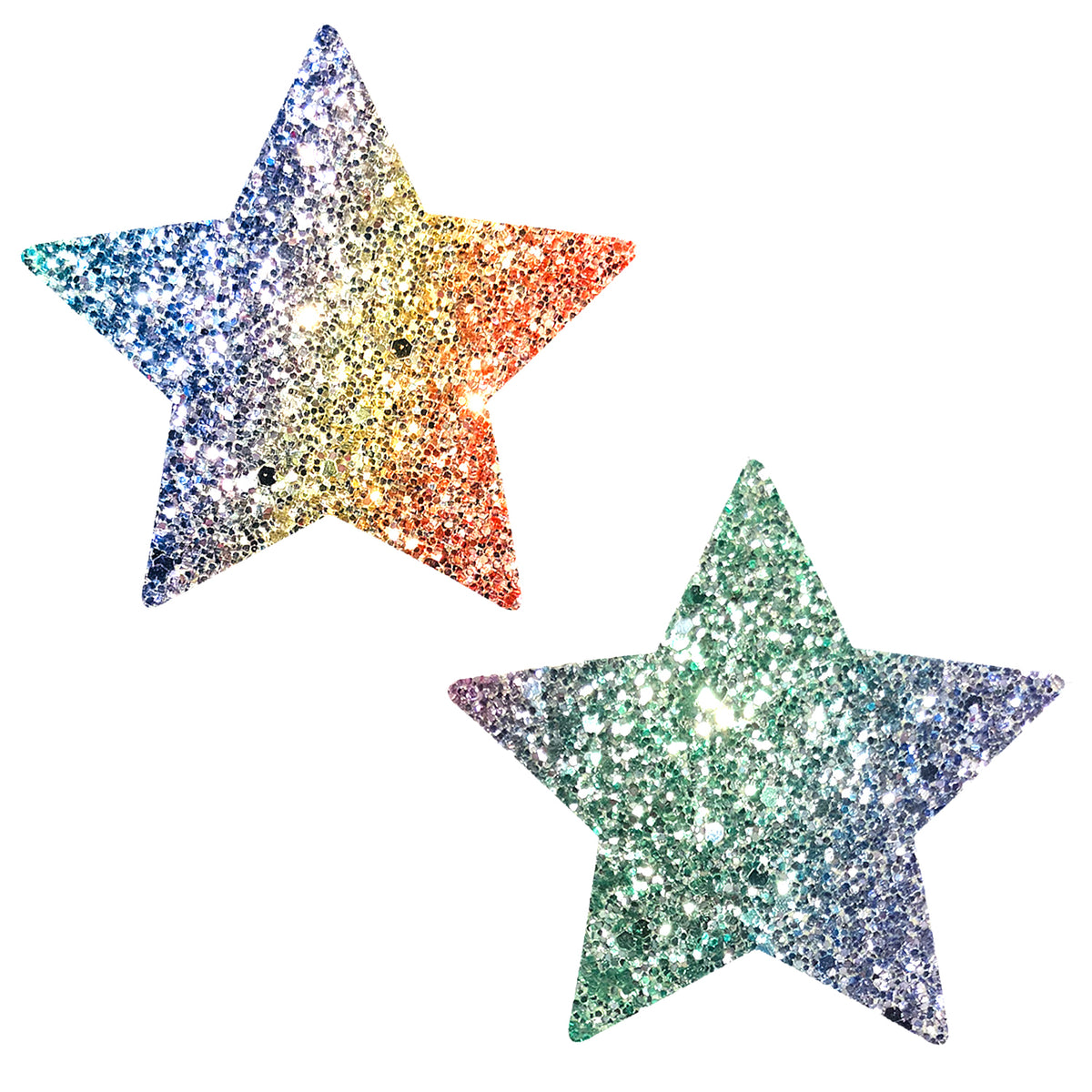 Neva Nude Rock Kandi Chunky Rainbow Glitter Nipztix Pasties in star shapes showcasing vibrant glitter colors.