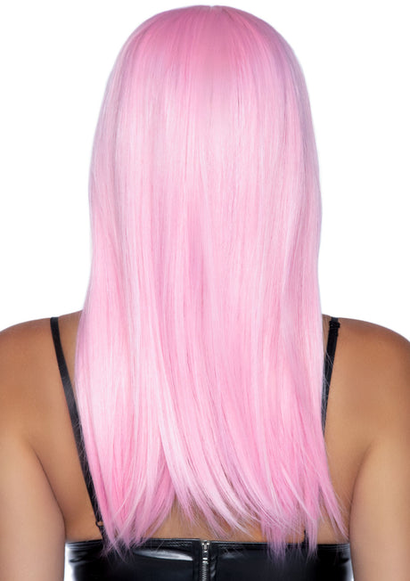 Leg Avenue 24 Inch Long Straight Bang Wig Pink displayed from the back, showcasing sleek pink hair length and shine.