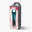 Fun Factory Manta Vibrating Masturbator Bottle Green in packaging showcasing its sleek design and features.