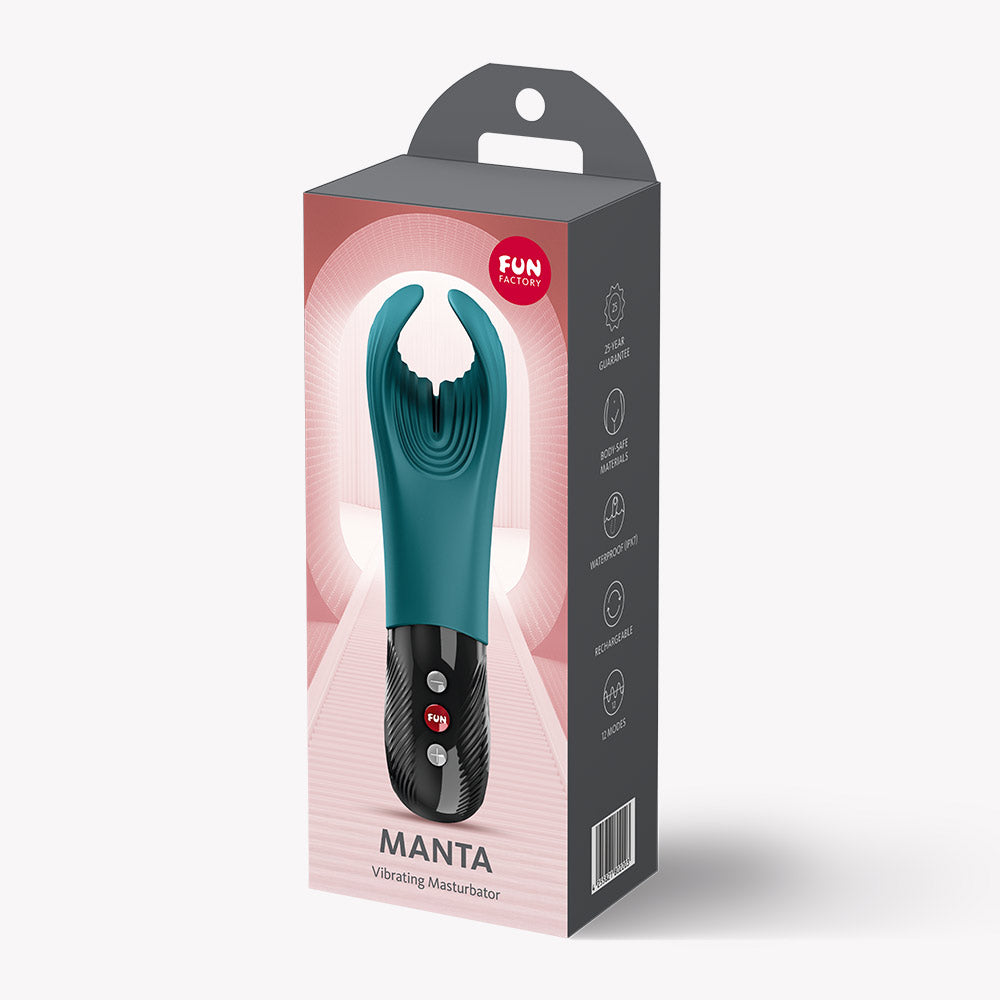Fun Factory Manta Vibrating Masturbator Bottle Green in packaging showcasing its sleek design and features.