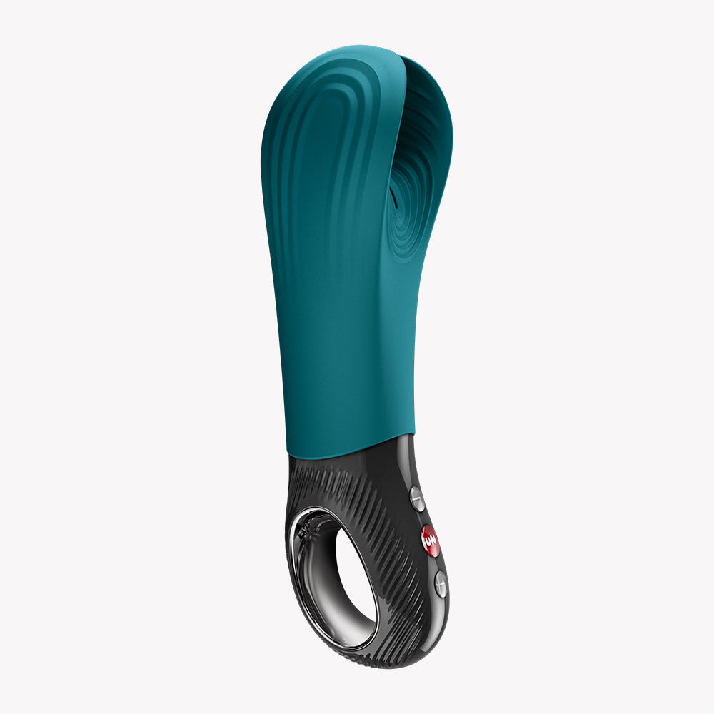 Fun Factory Manta Vibrating Masturbator Bottle Green, designed for customizable fit and powerful vibrations.